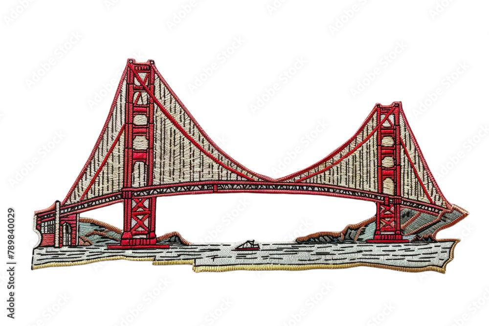Fototapeta premium Embroidered patch badge showcasing a renowned red suspension bridge over a strait, isolated on transparent background. Iconic landmark and engineering marvel concept