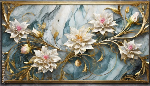 panel wall art, marble background with flowers designs , Ai Generate
