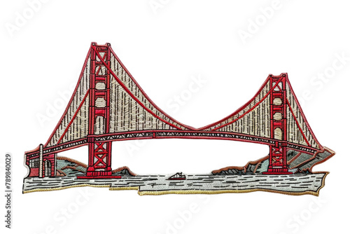 Embroidered patch badge showcasing a renowned red suspension bridge over a strait, isolated on transparent background. Iconic landmark and engineering marvel concept