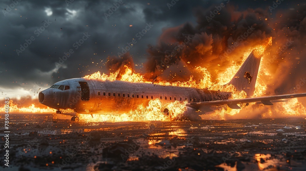 an airplane catches fire on the ground, a plane crash