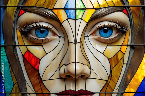 Abstract Extreme Close Up of Artistic Multi Color Stained Glass Portrait Woman with Deep Blue Eyes