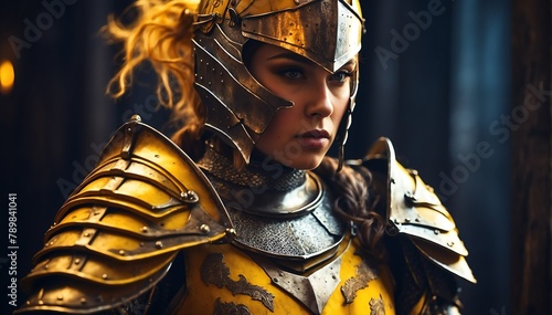 a female yellow theme knight warrior on medieval era with glowing armor from Generative AI photo