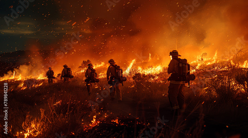 A group of brave firefighters confront a raging wildfire under a night sky, surrounded by flying embers and flames.