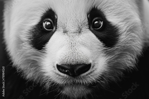 High-definition photograph capturing the intricate details of a black and white panda face on a pristine white surface.