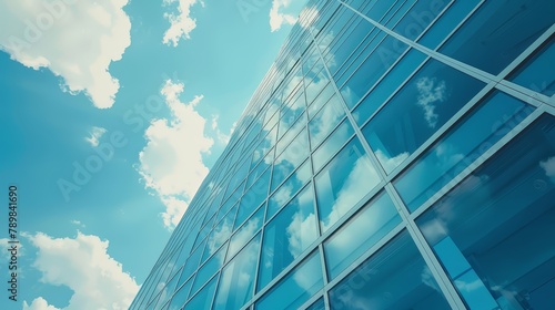 Modern office building facade with reflections of sky and clouds. Architectural photography with an upward view.