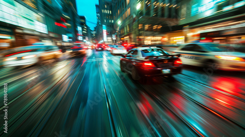 The dynamic blur of city traffic captured at dusk  showcasing the bustling urban life and vibrant energy of the cityscape.
