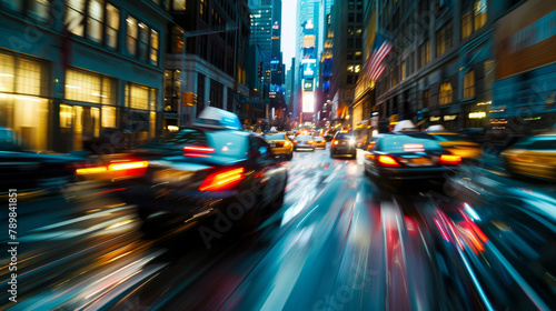 The dynamic blur of city traffic captured at dusk, showcasing the bustling urban life and vibrant energy of the cityscape.