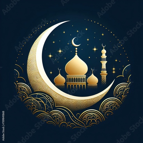 Illustration for Eid Al Adha with golden and white crescent moon on dark blue background.