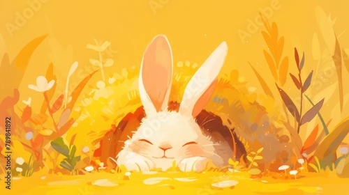 A cheerful cartoon rabbit happily resides in a cozy burrow
