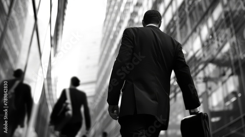 Monochrome image of a businessman walking with a suitcase in an urban street