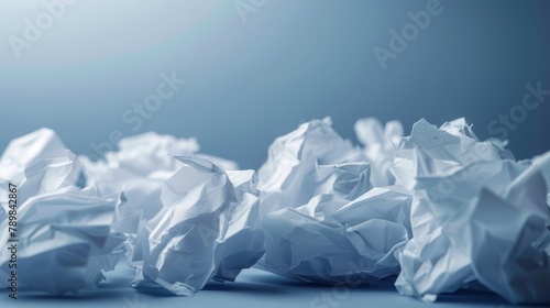Crumpled white papers on a blue background. Creative challenge and brainstorming concept © ANStudio