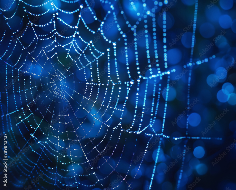 spider web with dew drops on dark blue bokeh background