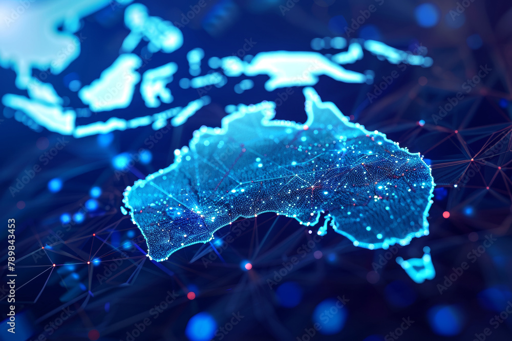 Abstract digital blue outline of Australia on a dark background. Network connections. Abstract digital blue outline of Australia on a dark background. Network connections.