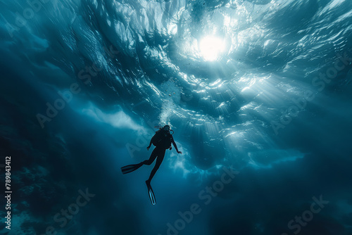 Scuba Diver Exploring Underwater Sunbeams