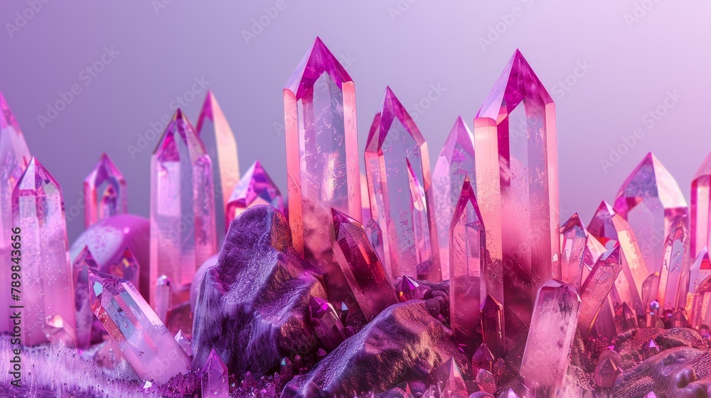 Vibrant collection of amethyst quartz crystals and pink stones, each crystal distinct and radiant against a minimalist background Vibrant collection of amethyst quartz crystals and pink stones, each crystal distinct and radiant against a minimalist background