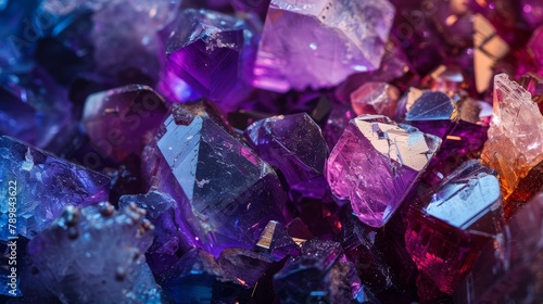 Vibrant macro shot of mixed crystals, emphasizing the deep purples of amethyst and varied textures of garnet and sodalite, minimalist isolated style