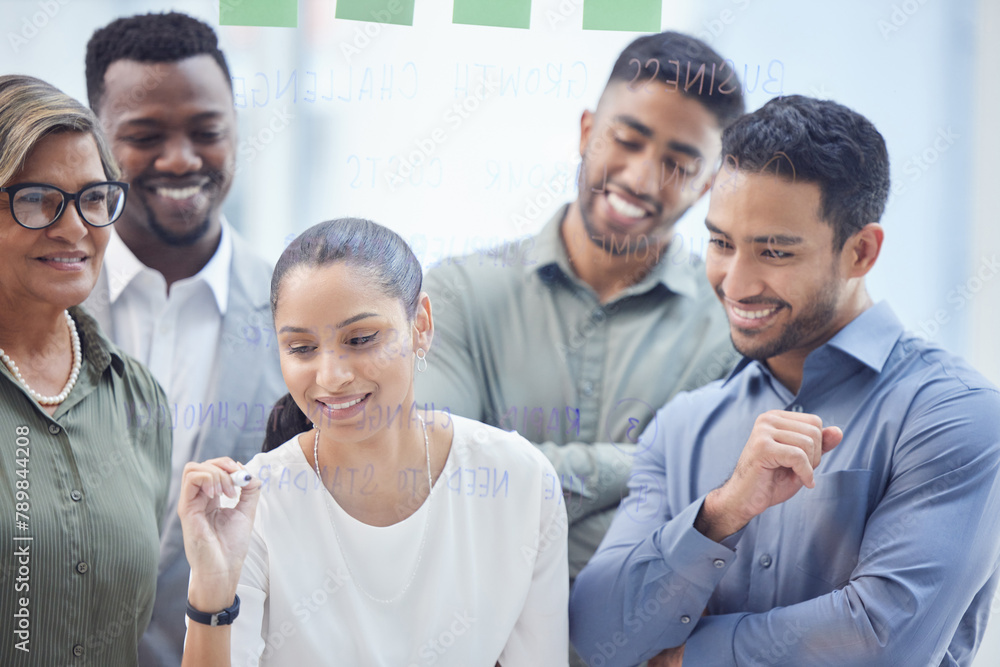 Obraz premium Ideas, planning and business people with glass for teamwork, writing or strategy. Office workshop, happy men and women in development for brainstorming, employee engagement or thinking at moodboard