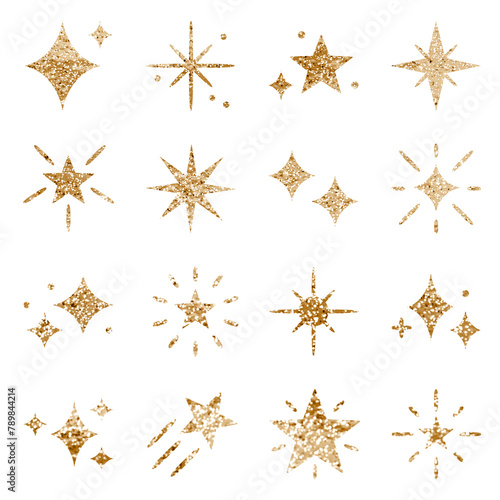 Sparkling stars png icon set with glitter texture