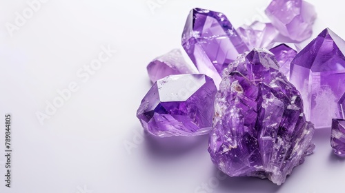 Lush violet amethyst crystals on a stark white background, macro shot of shimmering facets, minimalistic style, ideal for gem enthusiasts