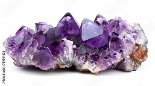 Luminous cluster of Brazilian amethyst crystals, big and raw, against a stark white background, emphasizing minimalist beauty and natural geometry