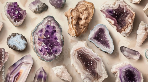 High-resolution image capturing the intricate details of a geological crystal collection, featuring amethyst, agate, and quartz, set against a soft beige backdrop photo