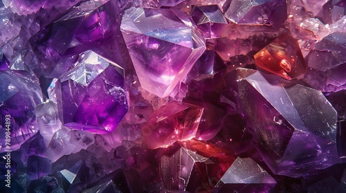 High-definition macro of amethyst and garnet crystals, interplay of light and shadow, showcasing natural facets, isolated backdrop