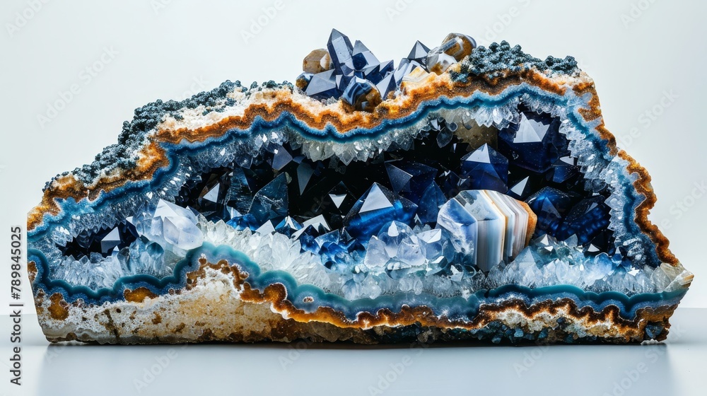 Elegant display of sodalite and agate crystals, rich colors and intricate details, minimalist style on an isolated background Elegant display of sodalite and agate crystals, rich colors and intricate details, minimalist style on an isolated background