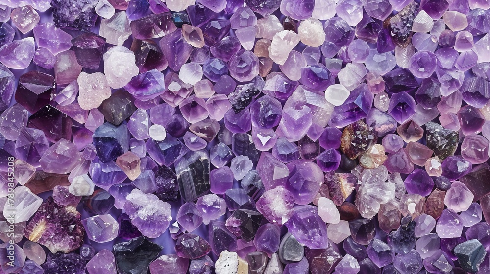Dramatic array of amethyst stones, from light lilacs to deep purples, arranged meticulously on an isolated canvas Dramatic array of amethyst stones, from light lilacs to deep purples, arranged meticulously on an isolated canvas