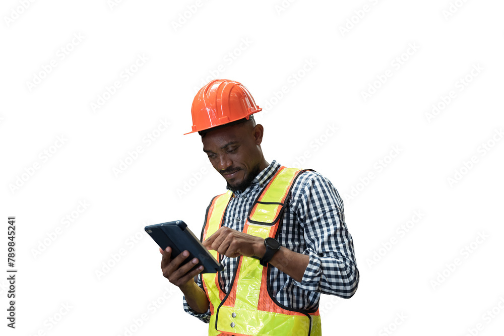 African American male worker using digital tablet during working on transparent background. Mmale engineer working on transparent background African American male worker using digital tablet during working on transparent background. Mmale engineer working on transparent background