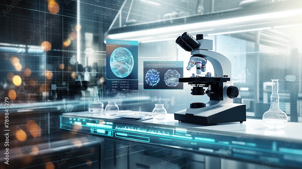 High-tech laboratory with modern microscope and digital data