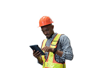African American male worker using digital tablet during working on transparent background. Mmale engineer working on transparent background