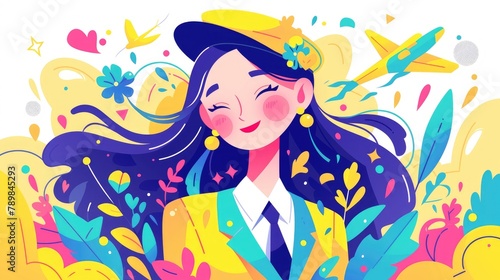 A vibrant stewardess cartoon illustration adds a professional touch to mobile apps and web design This colorful flat icon featuring a stewardess is perfect for enhancing both online platfor
