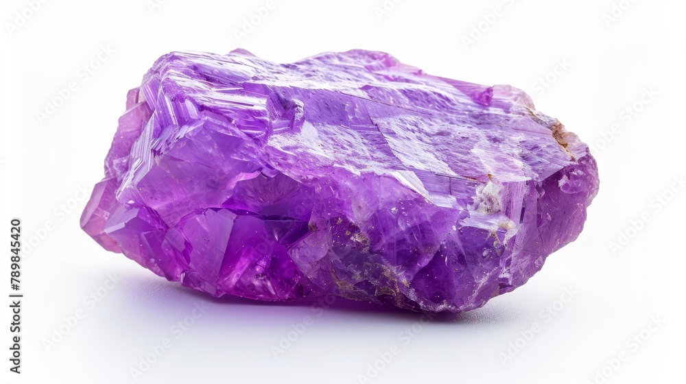 Close focus on a vibrant violet amethyst stone, emphasizing natural textures and color variations, on a minimalistic white background Close focus on a vibrant violet amethyst stone, emphasizing natural textures and color variations, on a minimalistic white background