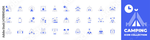 Camping icon collection. Duotone style line stroke and bold. Vector illustration. Containing bonfire, camping tent, camp, no camping, picnic table, backpack, tent, hiking, teepee, light, thermos.