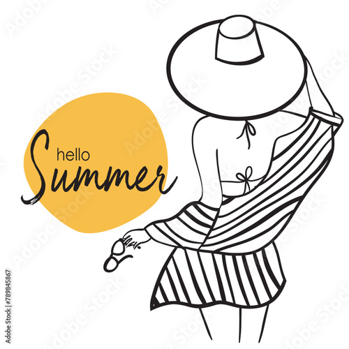 Hello Summer, line art, vector illustration