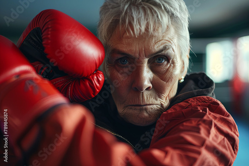 Aged female demonstrating power and endurance as a boxer, challenging norms with her determination and energy during her training session © Emanuel
