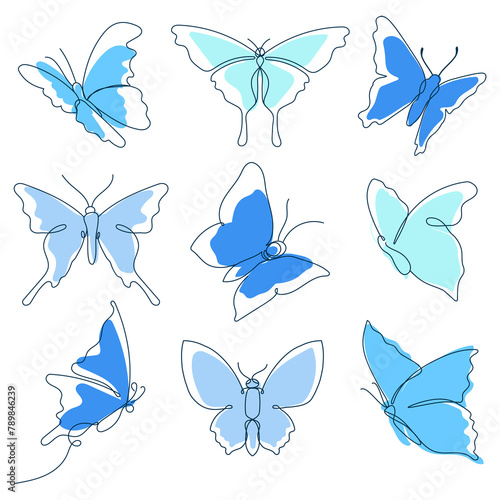 Flying butterfly png sticker, baby blue line art clipart collection