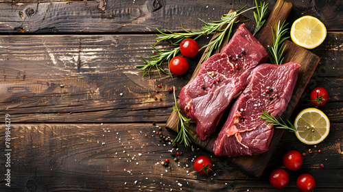 A plate of meat and vegetables on a wooden table. The meat is cut into two pieces and is surrounded by tomatoes, lemon, and pepper