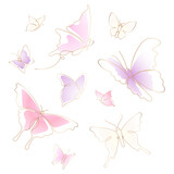 Flying butterfly png sticker, pastel pink line art clipart set