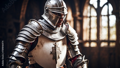 a white theme knight warrior on medieval era with glowing armor from Generative AI