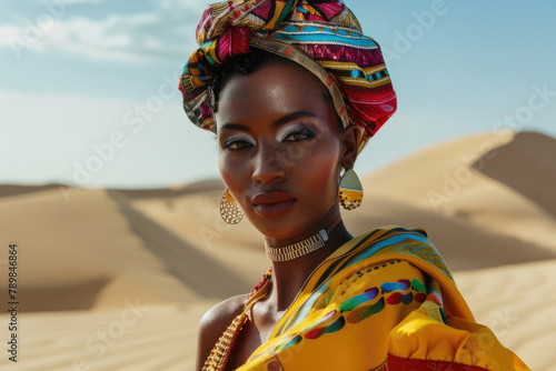 Portrait of a black female model wearing innovative and elegant colorful clothing on the vast sand dunes