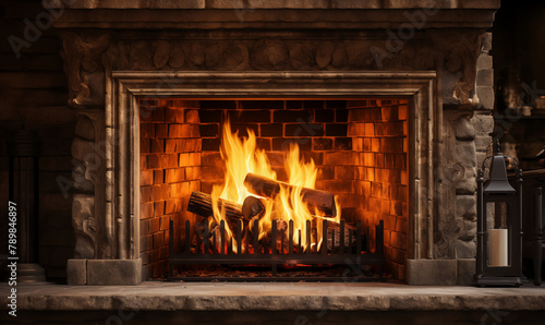 Fireplace with wood fire, classic design, generated ai