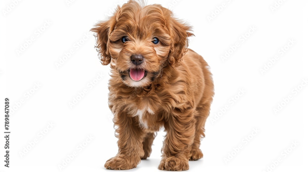 Funny head shot of cute red Cobberdog puppy, standing facing front. Looking curious towards camera. Isolated on white background. Tongue out Funny head shot of cute red Cobberdog puppy, standing facing front. Looking curious towards camera. Isolated on white background. Tongue out