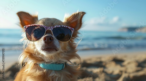 Funny chihuahua dog posing on a beach in sunglasses © Elchin Abilov