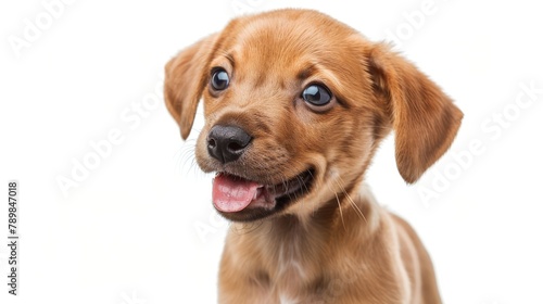 Funny head shot of cute red Cobberdog puppy  standing facing front. Looking curious towards camera. Isolated on white background. Tongue out