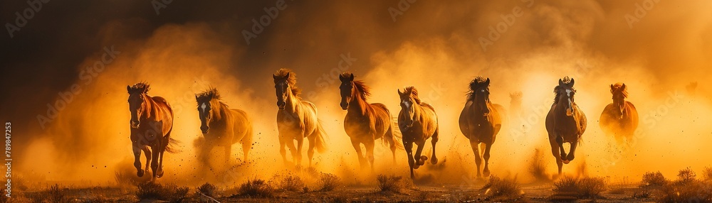 Fototapeta premium photography of a pack of wild horses galloping through a dust cloud in the desert at sunset, conveying wild beauty and untamed spirit