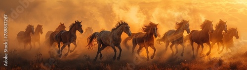 photography of a pack of wild horses galloping through a dust cloud in the desert at sunset  conveying wild beauty and untamed spirit