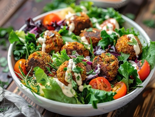 Falafel salad with baked vegetables and tomatoes in a white bowl! It's a delicious Israeli street food concept, full of flavor and nutrition. ©  Photography Magic