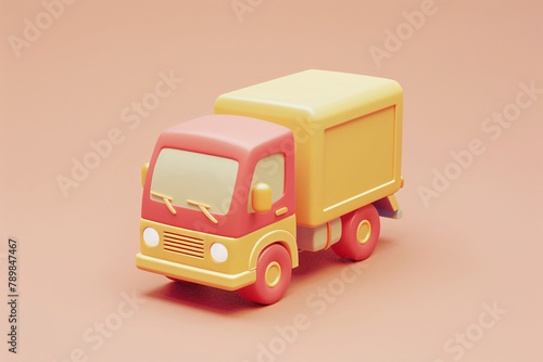 Cartoon cargo truck model 3D rendering, cargo transportation logistics express delivery concept illustration