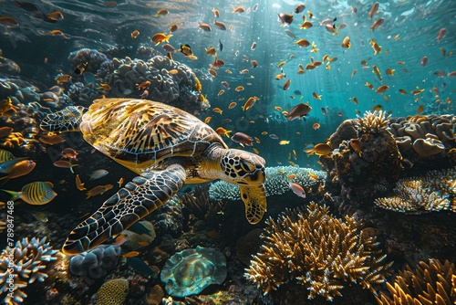 Underwater shot of a coral reef bustling with marine life, including schools of fish and a gracefully swimming sea turtle, showcasing biodiversity photo